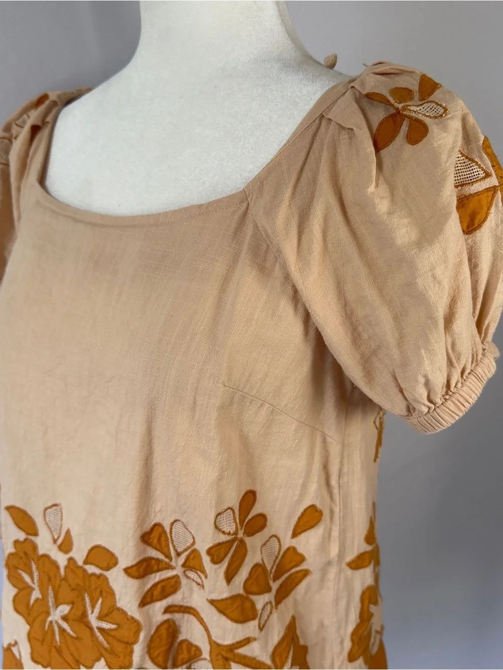 Madewell Orange Floral Embroidered Puff Sleeve Top Small Lace Up Back Rust Trim